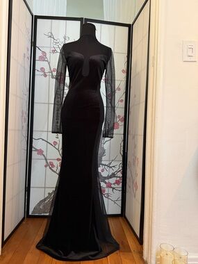 Black Mesh-Sleeve Maxi Evening Dress